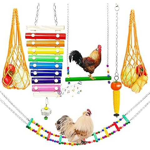 HzNzYHD 6 Pieces Chicken Toys for Coop Accessories, Chicken Xylophone with Grinding Stone Chicken Swing Flexible Ladder String Bag Vegetable Skewer String Feeder for Hens Cover