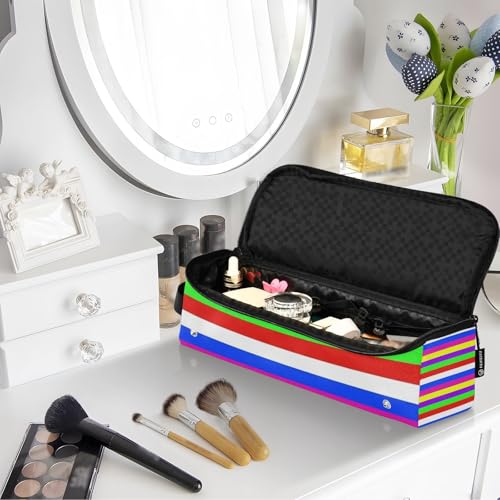 Estuche de viaje 2 en 1 para rizador con base resistente al calor, estuche grande para planchas de pelo y rizadores, diseño de rayas arcoíris coreano miniatura 7