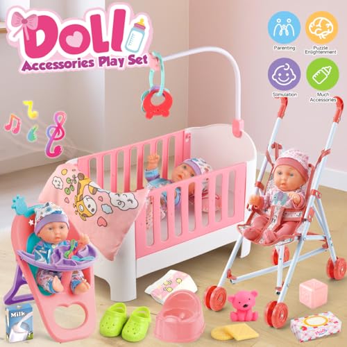 image for YIYBM Baby Doll Crib and Stroller Accessories Play Set with 11