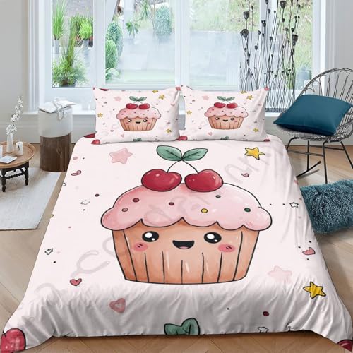 UNRXJZLVM Adorable Cartoon Housse de Couette Cupcake 3D Imprimée Microfibre Décoration Chambre Parure de Lit Gâteau Cerise Idéal Cadeau...