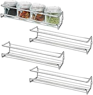 BELLE VOUS 4 Pack Chrome Wall Mount Spice Rack Organisers - Single Tier Spice & Herb Jar Holders for Kitchen Walls & Cupboard/Pantry/Cabinet Doors - Wall Mounted Seasoning Hanging Racks for Storage