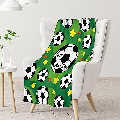 Mercuryelf Custom Soccer Blanket Gifts, 50"x60" Personalized Football Throw Blankets for Boys Kids, Cozy Lightweight Fleece Plush for Sofa Bed Room Decor
