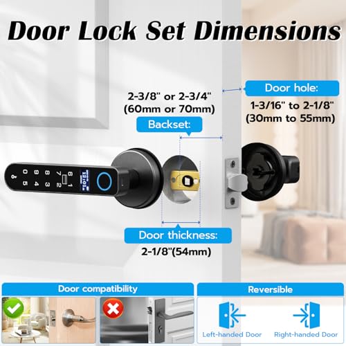 Fingerprint Keyless Entry Bedroom Door Lock with Code RFID Card NFC APP Keypad, Smart Biometric Automatic Interior Door Handle with Lock for Indoor Hotel Pantry Apartment Office Home, Black — view 5