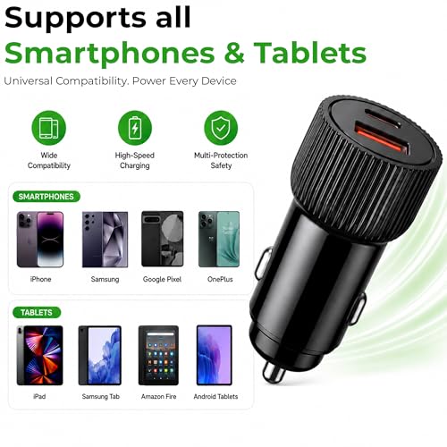 Image of UltraProlink Mach 51W Dual Port Fast Car Charger (USB-C PD 30W /PPS 33W + USB-A QC 18W) for iPhone 17 Series, Galaxy, Vivo, Oppo Phones | UM1270S