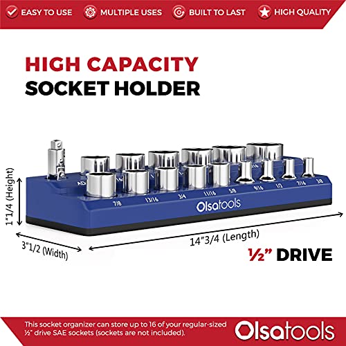Image of Olsa Tools Magnetic Socket Organizer - 1 /2-Inch Drive SAE Socket Holder with Strong Magnets - Professional Tool Holder and Tool Organizer - Holds up to 16 Sockets - Blue - Part: 1296