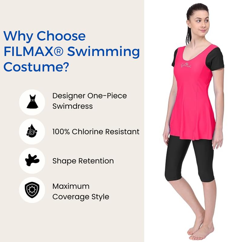 Image of Originals Swimming Costume for Women's One-Piece Beach Wear with Sleeve & Skirted 3 /4 Leggings Maximum Covered Swim Wear Dress (L - 7XL)