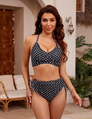 Image of Blooming Jelly Womens High Waisted Bikini Sets Drawstring Tummy Control Swimsuits Crisscross Tie Back Bathing Suit
