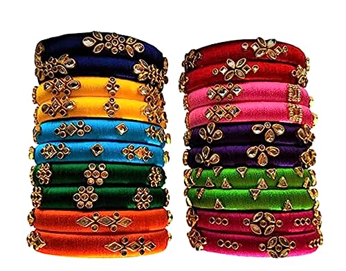 Image of Blue jays hub Silk Thread Bangles New kundan Style Multi color Set Of 20 for Women /Girls