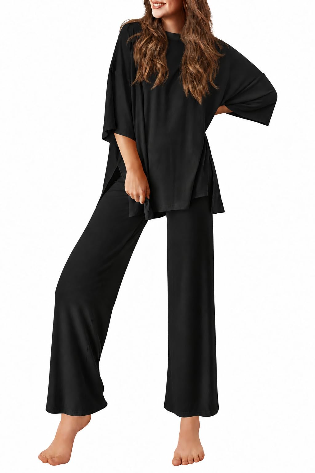 Uniexcosm Pyjama Damen Zweiteiler Hausanzug mit weitem Oberteil und Hose | Loungewear Set Damen mit Rundhalsausschnitt, weiten Ärmeln und locker geschnittener Hose für entspannte Stunden zu Hause.
