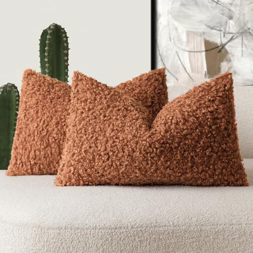 Image of Foindtower Set of 2 Curly Teddy Wool Pillow Covers Decorative Boucle Textured Lumbar Throw Pillow Faux Fur Sherpa Pillowcases Sheepskin Fuzzy Cushion Case for Sofa Bedroom Car 12 inchx20 inch Burnt Orange
