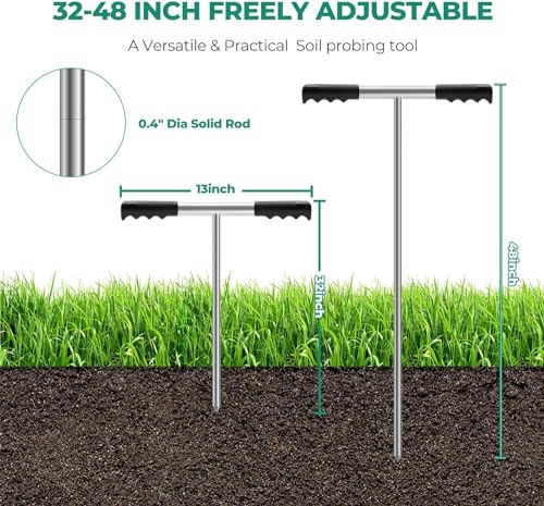 Stainless Steel Soil Probe Rod, 32-48 inch Hight Adjustable Ground Rod Tool with T Handle, Septic Tank Locator Tool for Locating Underground Pipes, Water Lines,Tile Probing Soil Compaction,Gopher Runs - Thumbnail 2