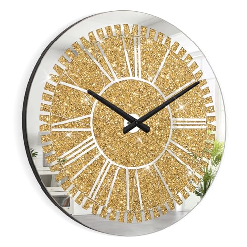 FEUFOAM Large Wall Clocks for Living Room Decor Diamond Crushed Crystal Glass Round Wall Clock Sparkle Twinkle Bling Gold Diamond Decorative for Bedroom Kitchen and Small Space