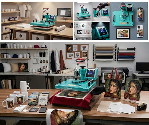 Image of MY PRINT | Heat Press 5 in 1 Digital Multi Functional | DTF PRINTING | Sublimation Printing | Vinyl Printing Machine for T-Shirts [Any Flat Product] with Cap Press, Plate Press, 11Oz Mug Press, with extra Mug Attachment | 12x15 Inch | For Business Supplies [Teflon Attached] (5in1 2026 Model)