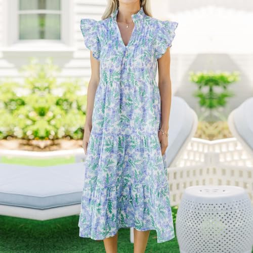 Image of Women Patchwork Dress Y2k Floral Puff Short Sleeve Maxi Dress Summer Boho Smocked Tiered Ruffle Beach Sundress
