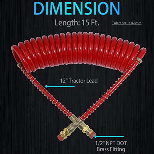 Ibroprat Air Lines For Semi Truck, 15' Coiled Air Brake Hoses With 12" & 12" Leads,Truck Trailer Brake Coil Set Bule And Red #TOP5