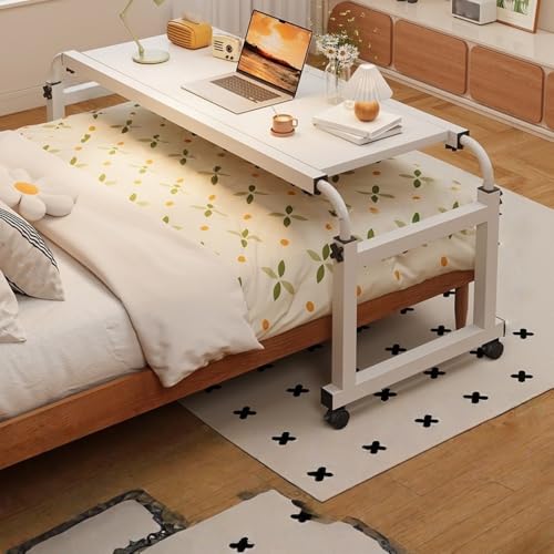 Pakabiモバイルデスク、キャスター付き、高さ調節可能、昇降式、コンピューターテーブル、ベッドサイドテーブル。ホームオフィス、書斎、テレビ鑑賞に最適です。 (白い表面 120×45 白いフレーム)