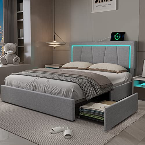 Hasuit Farmhouse Bed Frame King Size with Storage Bookcase Headboard, Wooden King Bed with LED Lights, Charging Station, 2 Drawers, Country Rustic Bed Frame with Sliding Barn Door