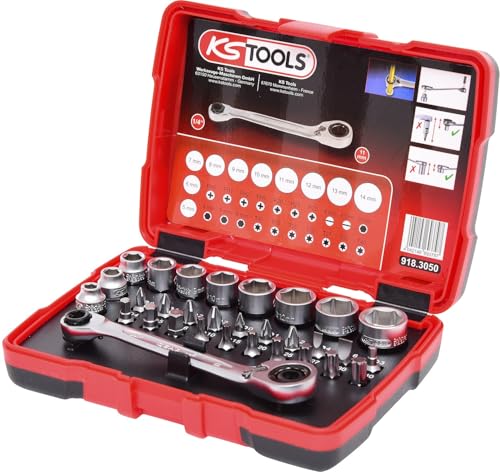 KS Tools - 918.3050 - Coffret de douilles traversantes 1/4 - 5 à 14 mm - Embouts de vissage - Tête de cliquet inclinée à 15° - Ultra compact - 31 pièces