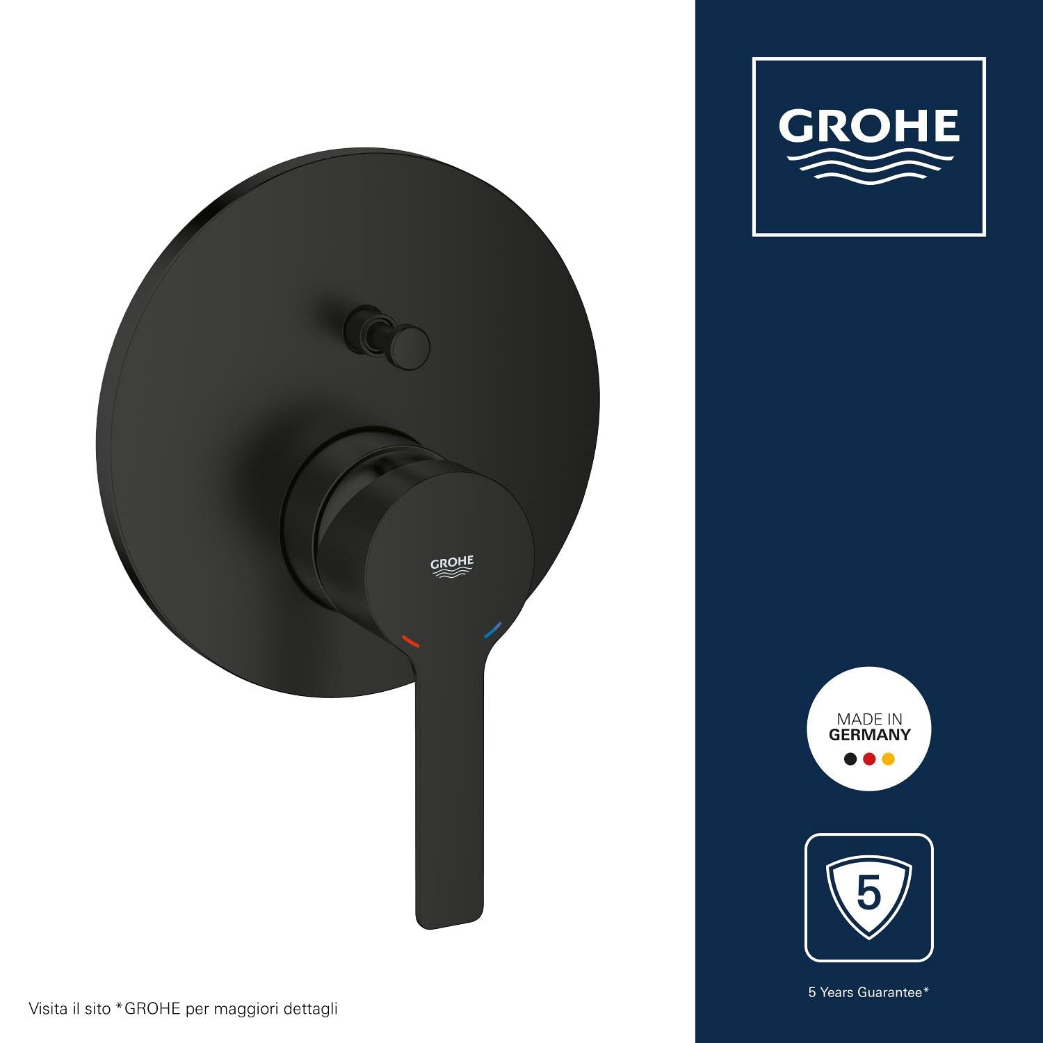 GROHE Lineare Set Finitura Miscelatore Doccia/Vasca Incasso Monocomando con Deviatore Automatico 2 Vie (Leva Metallica, Cartuccia Ceramica 46 mm, Senza Box da Incasso), Nero Opaco