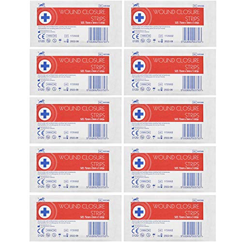 Blue Lion 3mm x 75mm Sterile Wound Closure Skin Stitch Adhesive Wound Strips Sutures - 10 Pack (50 Strips)