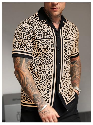 SHENHE Men's Button Down Short Sleeve Leopard Print Shirt Lapel Collar Casual Top4