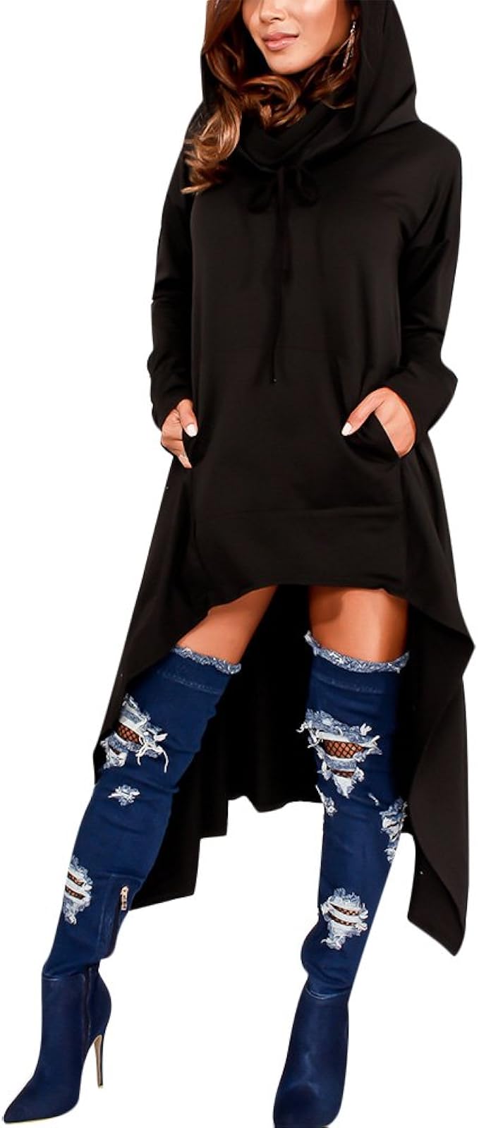 Loose long sleeve plain high low asymmetrical hooded dress Clearance