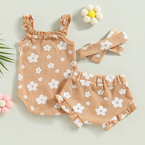 3pcs Toddler Girls Summer Outfits Ribbed Halter Crop Top Romper Bodysuit +Floral Bloomer Shorts+Headband Clothes Set4