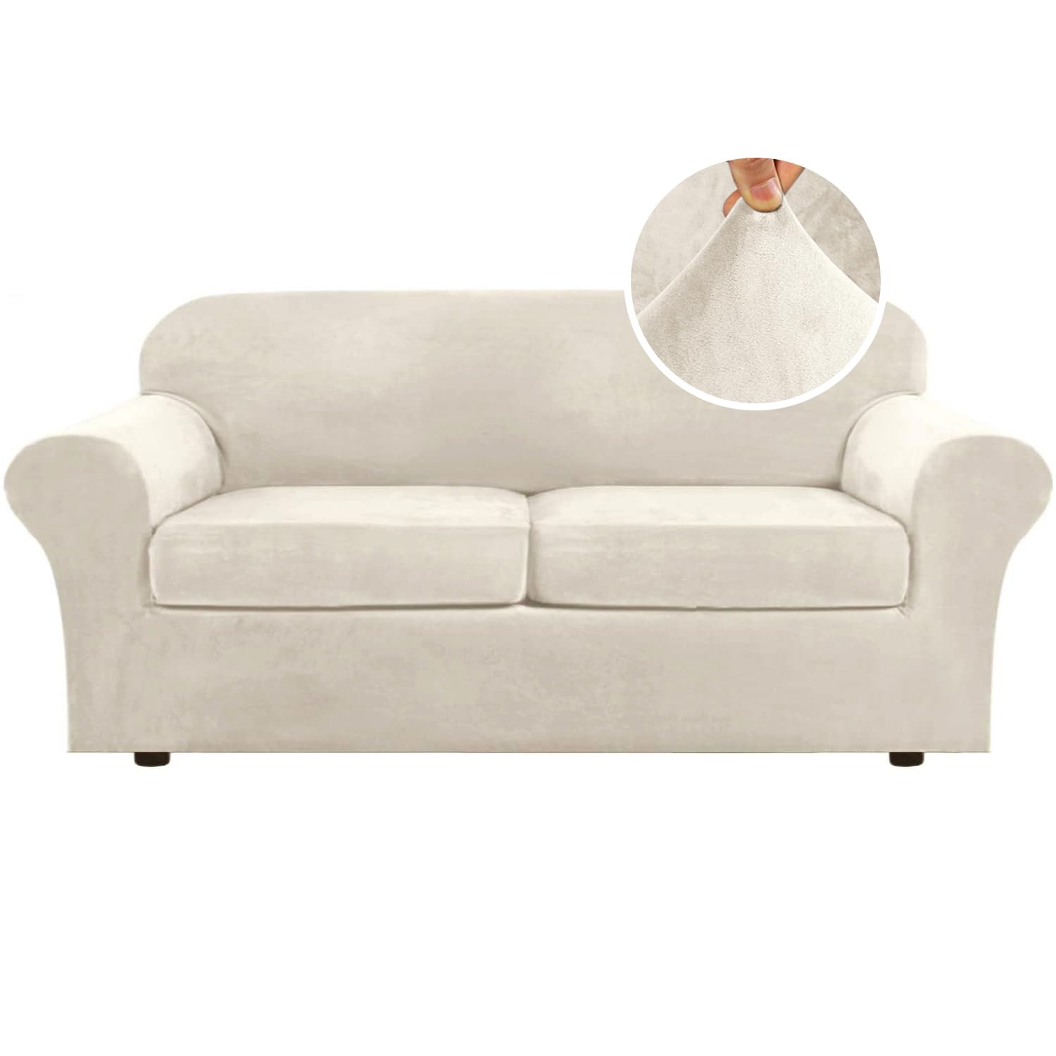 Photo 1 of H.VERSAILTEX Real Velvet Plush 3 Piece Stretch Sofa Covers Couch Covers for 2 Cushion Couch Sofa Slipcovers Width Up to 90 Inch Feature Thick Soft Stay in Place (Large Sofa, Ivory)