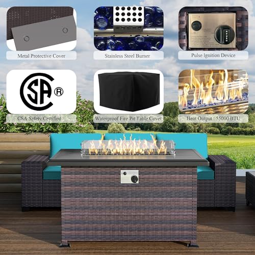 Image of 13 PCS Outdoor Patio Furniture Set,Outdoor Sectional Furniture with 43 inch 55000 BTU Gas Propane Fire Pit Table,All Weather PE Rattan Wicker Patio Conversation Set,Turquoise Blue