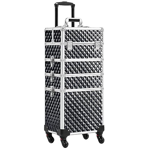 Yaheetech 4-in-1 Kosmetikkoffer, Trolley Schminkkoffer, Großer Make up Koffer, Abschließbar Multikoffer Friseurkoffer Beauty Case mit Rollen und Schublade, Glitzer Schwarz