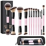 MAGEFY 12Pcs Double Sided Make up Brushes Foundation Contour Blush Highlight Blending Eyeshadow Brushes, Vegan Makeup Brush Set with Bag, Pink