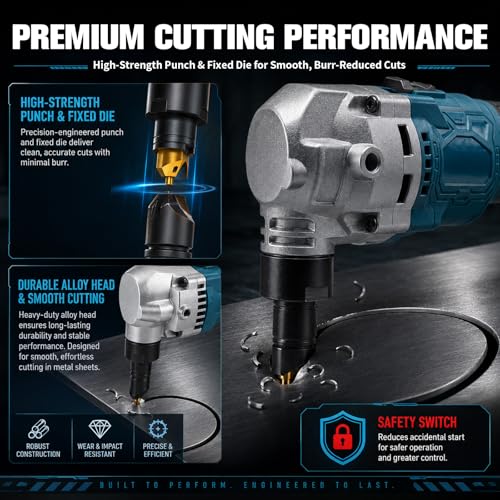 Zbierak do blachy, kompatybilny z Makita 18 V – bezprzewodowy nibbler do blachy, z obrotową głowicą o 360° i prędkością obrotową 20 000 obr./min, wyposażony w bezszczotkowy silnik do stali nierdzewnej