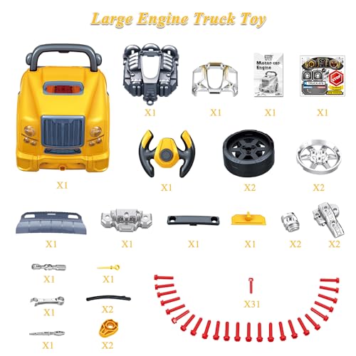 Fistone Large Truck Engine Toy, Kids Mechanic Repair Set with Removable Parts, Lights, Sounds, Take Apart Motor Vehicle Pretent Play Car Service Station, Ideal Gift for 3-5 Year Old Boys - Thumbnail 4