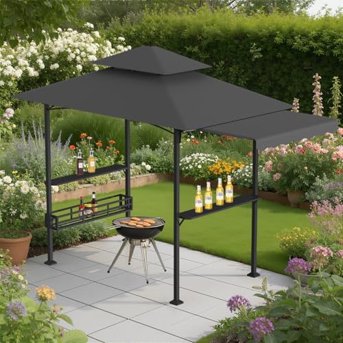 Peviasot Grillpavillon Wasserdicht mit Markise, Doppelstöckiges Dach, Gartenpavillon Wetterfest, Grillunterstand für Garten UV-Schutz für BBQ Party, 328x148x250 cm, Grau