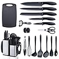 RAXCO Set di coltelli da cucina con blocco, 18 pezzi di utensili da cucina con 5 coltelli e 7 spatole in silicone (Nero)