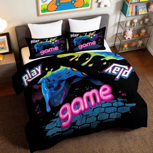 Edredón reversible individual ligero con motivos de graffiti y gamepad 4