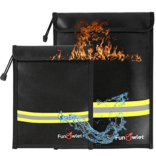 Fireproof Waterproof Money Document Bag - 2 Pack Safe Upgraded Zipper Bags, Fire & Water Resistant Storage Organizer Pouch for A4 A5 Documents Holder,File,Cash,Jewelry,Passport,Tablet,Laptop (Black)