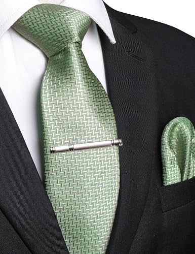 Image of RBOCOTT Sage Green Tie Woven Classic Formal Mens Necktie and Pocket Square with Tie Clip Set(400)