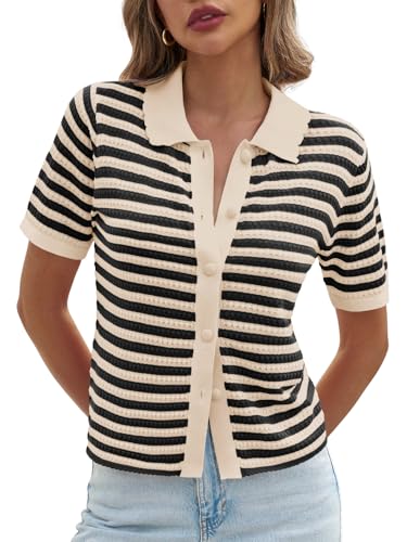 Saodimallsu Womens Striped Short Sleeve Sweater Tops Polo Collared Button Crochet Summer Cropped Cardigan2