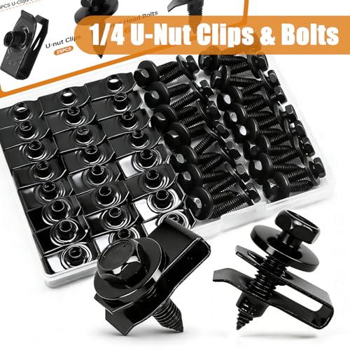 Image of mankk 50PCS 1 /4 U-Nut Clips and Fender Bolts Kit Automotive Body Fasteners | U-shaped nut clamps fit engine cover, splash shield, universal vehicle replacement body clips