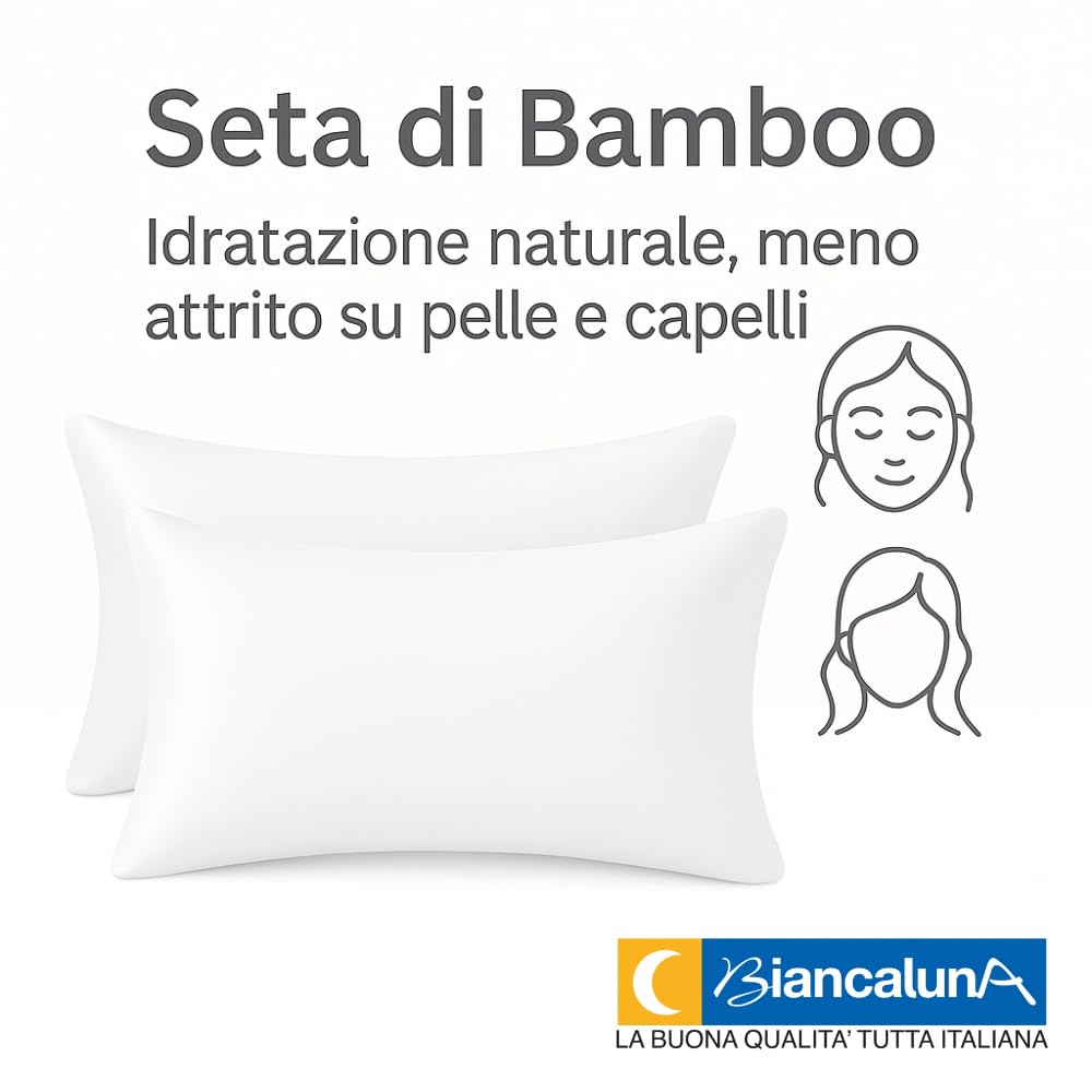 BIANCALUNA | Coppia Federe Letto in Seta di Bamboo CLARA | Anticrespo | Antirughe | Ipoallergeniche | Traspiranti |Eleganti e Morbide | 50x80 cm | Made in Italy (BIANCO)