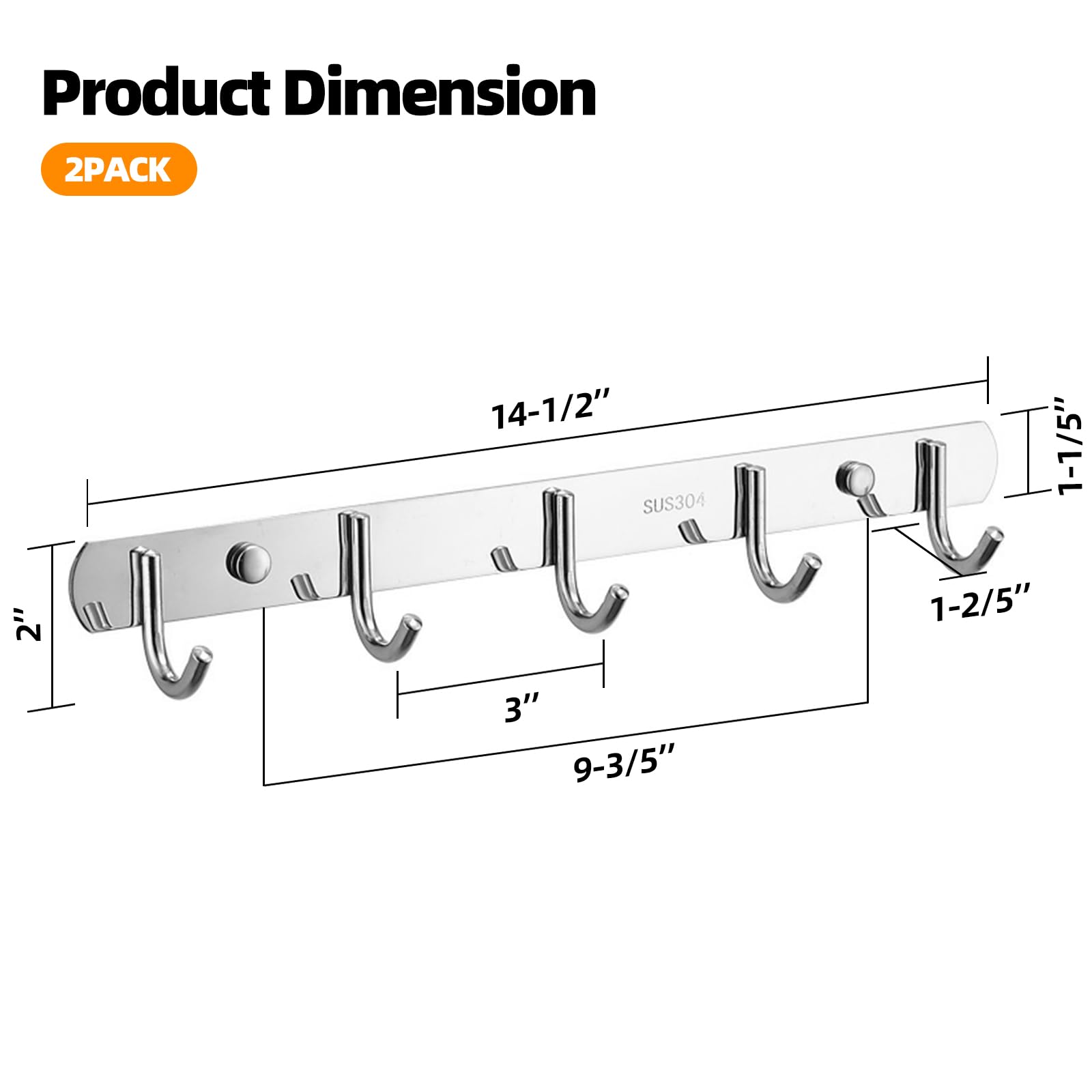 TooCust 2 Pack Thickened 304 Stainless Steel Coat Rack Wall Mount - 5-Hooks Wall Mounted Hook Racks, Brushed Nickel Coat Racks for Wall, Silver Wall Mount Hooks for Living Room, Kitchen, Bathroom