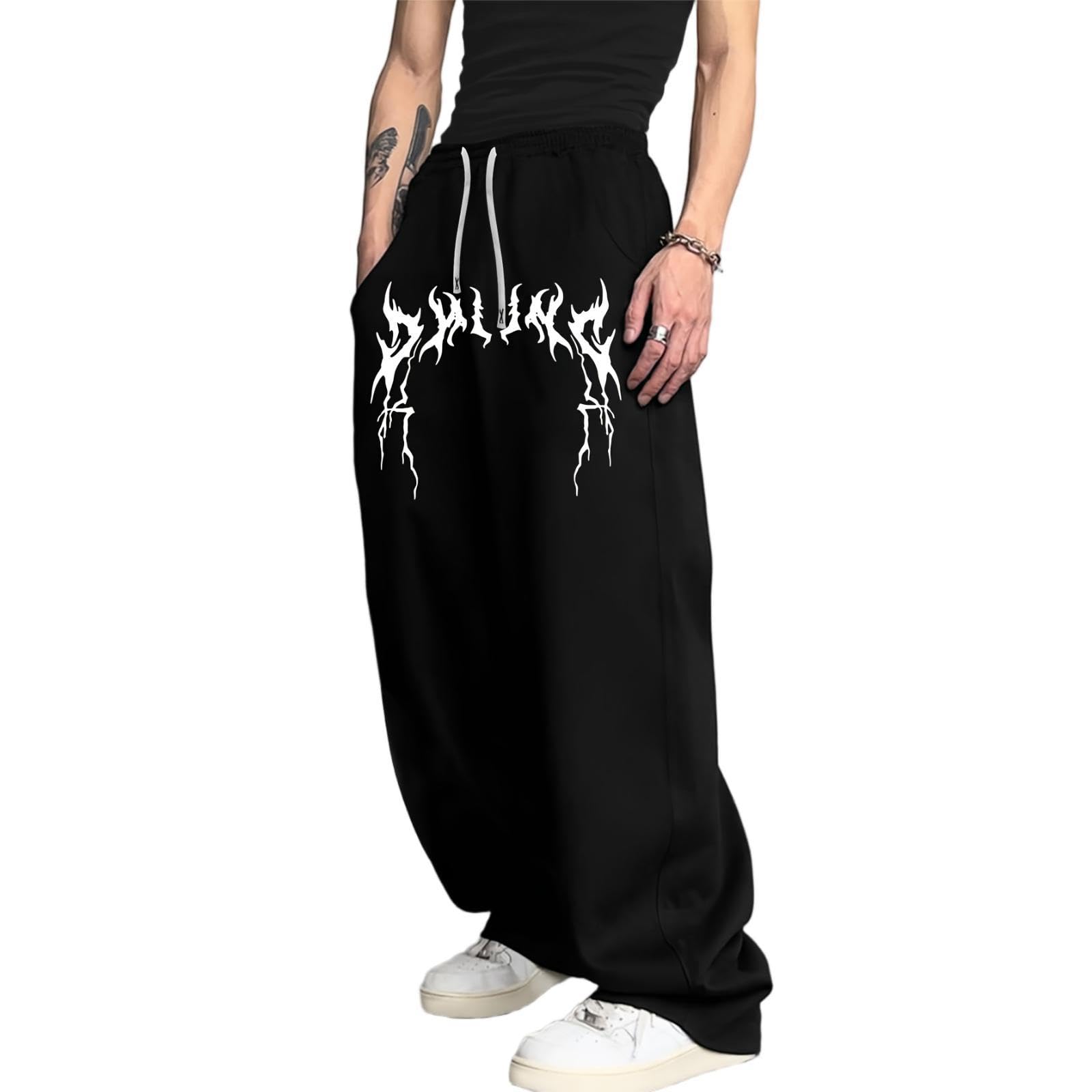 Brand-xrbanime Streetwear Gothic Baggy Joggers Men Y2K Baggy Sweatpants, Oversized Mens Wide Leg Joggers Gym Trousers, Hip Hop Black Wrinkle Resistant Skate Casual Trousers