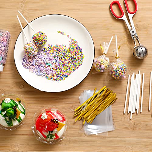 Lollipop Cake Pop Treat Bag Set, Including 100 Parcel Bags 100 Papery Treat Sticks Metallic Twist Ties And Meat Baller With Handles, Cake Pops Making Tools For Candies, Chocolates And Cookies #TOP6