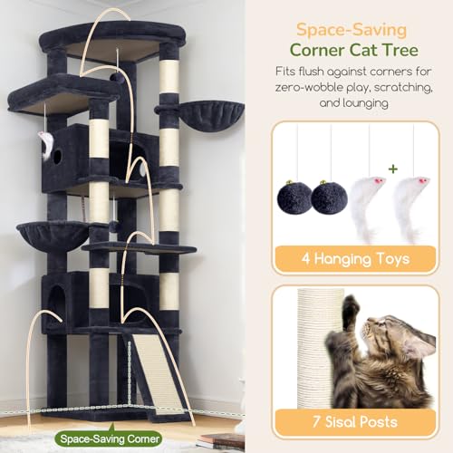 Image of Globlazer Extra Large Heavy Duty Cat Tree, 80in Tall Sturdy Cat Tree Tower for Multiple Indoor Cats Large Adult with Scratching Posts, 2 Spacious Condos with Padding, 2 Soft Perches, S80C, Dark Grey