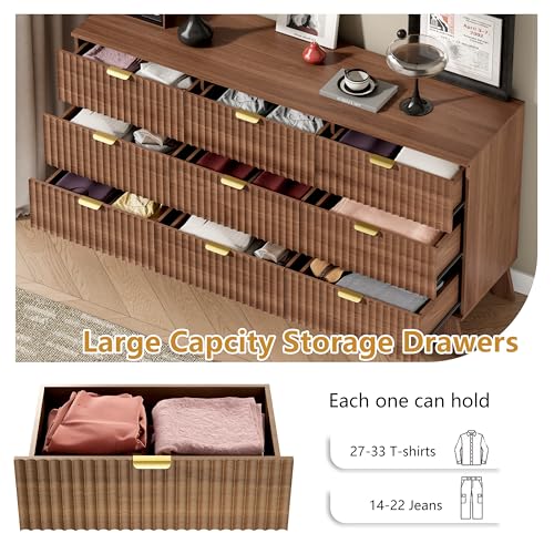 Image of Wodeer 9 Drawer Fluted Dresser for Bedroom, Mid Century Modern Wooden Dresser with 9 Drawers, Dressers & Chests of Drawers with Metal Handle, TV Stand & Storage Organizer for Entryway, Hallway, Walnut