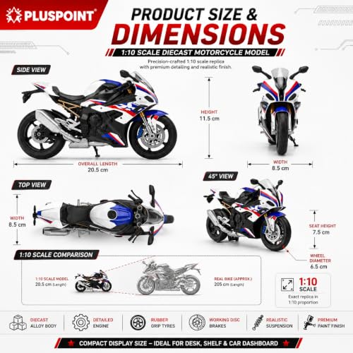 Image of PLUSPOINT Diecast 1000RR Motorcycle Model 1:10 Scale | Alloy Metal Super Bike Simulation Toy with Realistic Details | Collectible Motorbike Model for Kids, Adults, Desk & Car Dashboard Display