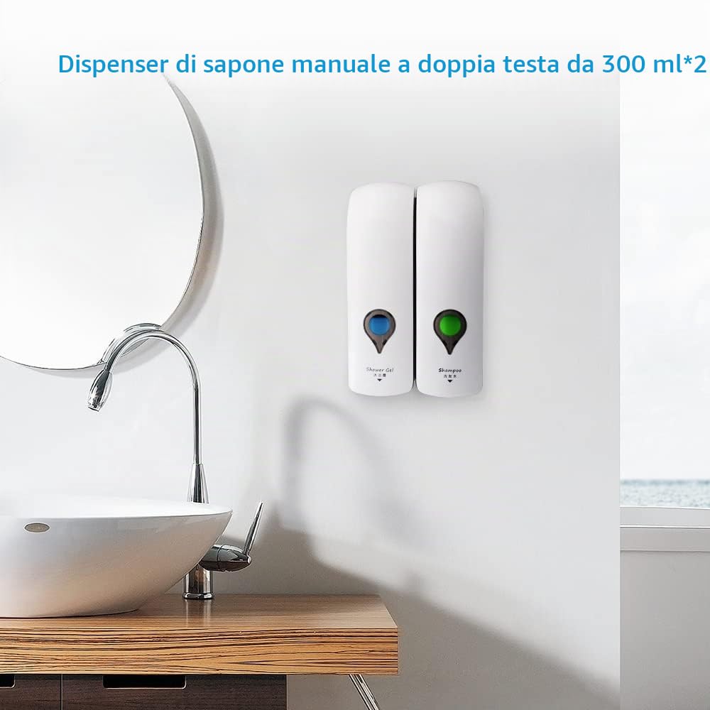 Decdeal 1 300ML x2 Manuale Dispenser di Sapone, Bagno Doccia Gel Shampoo Liquido Disinfettante Distributore di Dispenser,Senza Foratura（Bianco）