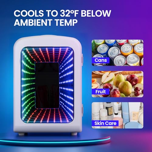 Image of Electactic 4L Mini Fridge for Bedroom with LED Gaming Light, 110V AC /12V DC Mini Refrigerator for Home and Car, 6-Can Portable Fridge for Car,Gaming Room,Dorm,Food,Drinks,Cosmetics and Skincare,White