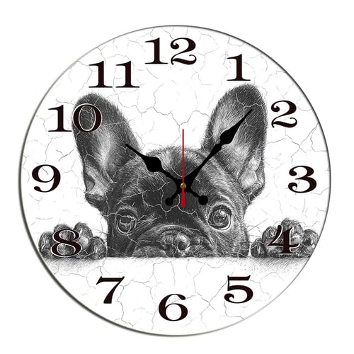 Horienteeon Bulldog francese orologio da parete animale cane decorativo in legno decorativo in legno a batteria silenzioso orologio appeso per camera da letto soggiorno cucina bar rotondo 25,4 cm